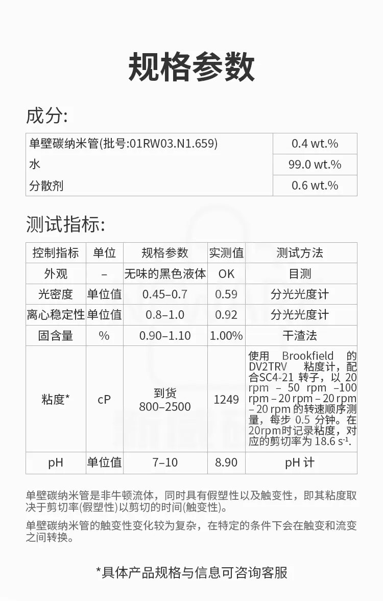 单壁碳纳米管水性分散液的规格参数